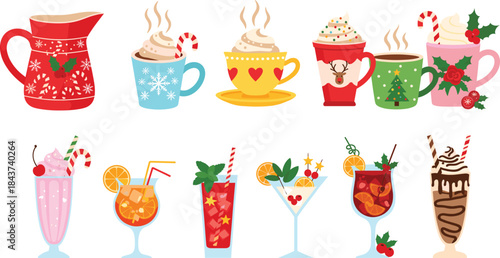 Festive winter and holiday drinks illustration set with hot chocolate coffee mugs milkshakes cocktails and seasonal beverages, colorful vector collection