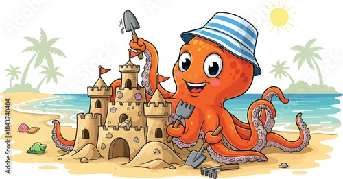 Playful orange octopus building a sandcastle.