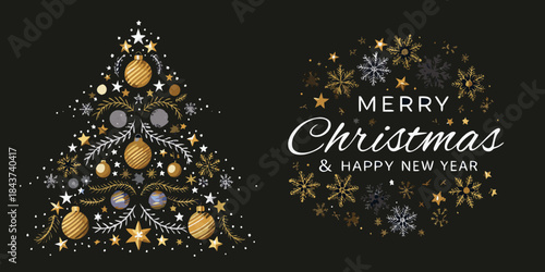 Festive christmas tree and lettering with snowflakes on a dark background