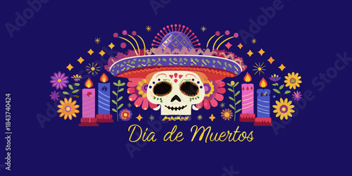 A colorful day of the dead illustration with skull candles and sombrero