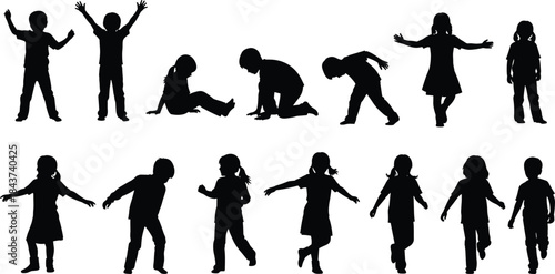 Set of black silhouettes showing happy young children playing, running, jumping, and interacting, illustrating childhood energy, joy, and movement