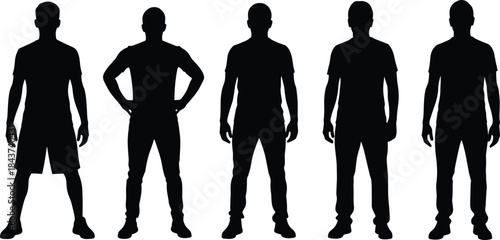 Set of Five Men Silhouettes Standing in Front View, Showcasing Casual and Athletic Attire Diverse Body Types and Standing Poses Representing Confidence and Masculinity