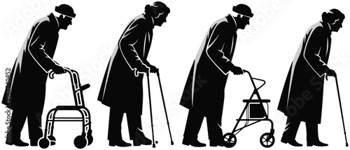 Set of Four Elderly People Silhouettes Showing Seniors Walking with Canes and Walkers, Representing Mobility Challenges, Aging, and Assisted Living Needs