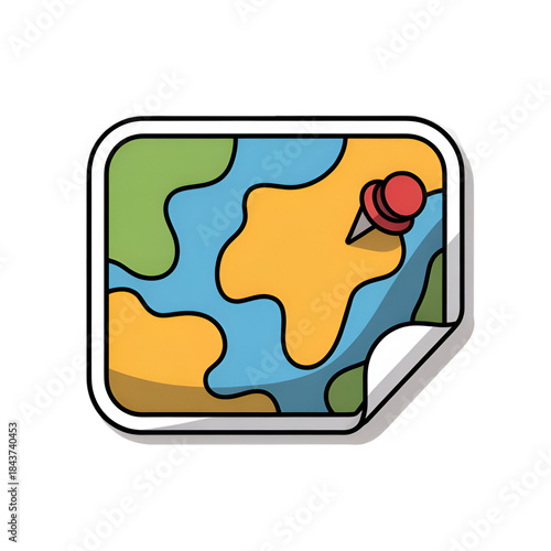 Cartoon map sticker with a red pin marking a location on earth