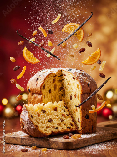 Panettone cake commercial photography flying ingredients christmas dessert advertising poster traditional italian sweet bread powdered sugar motion concept festive background holiday bakery food ads
