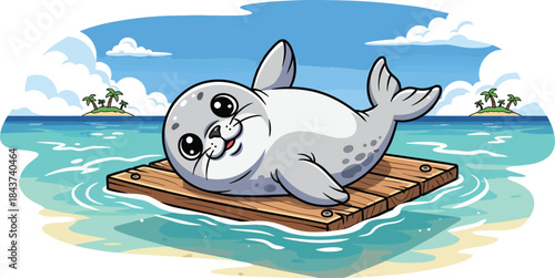 Playful seal on wooden raft floating in calm sea.