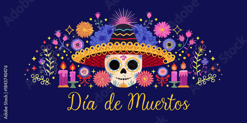 A vibrant d a de muertos skull with flowers and festive decorations