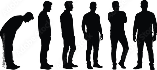 Set of Six Diverse Black Silhouettes of Men in Various Poses Including Standing, Side Profile, and Bowing, Representing Different Attitudes and Actions