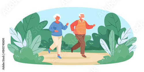 Active seniors enjoying a morning jog in a peaceful park setting