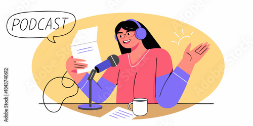 A woman recording a podcast with a script and studio microphone setup