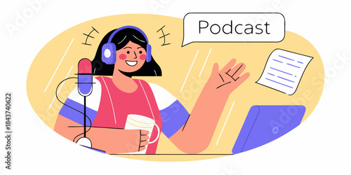 A smiling woman recording a podcast with headphones microphone and laptop