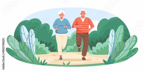 Active senior couple enjoying a healthy jog through a lush green park