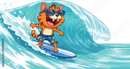 Surfing Cat Riding Large Wave Joyfully.
