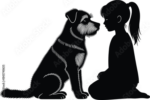 Vector Silhouette of a Little Girl and Her Terrier Dog Sitting Face-to-Face, Sharing a Moment of Trust, Friendship, and Unconditional Love on a White Background