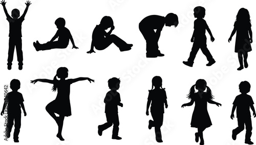 Vector silhouettes of diverse young children in various active and playful poses, depicting childhood freedom, fun, and natural movement on a white background