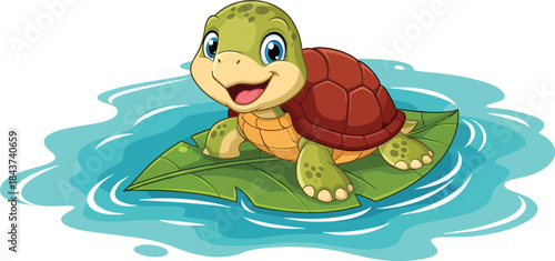 Smiling cartoon turtle floating on water.