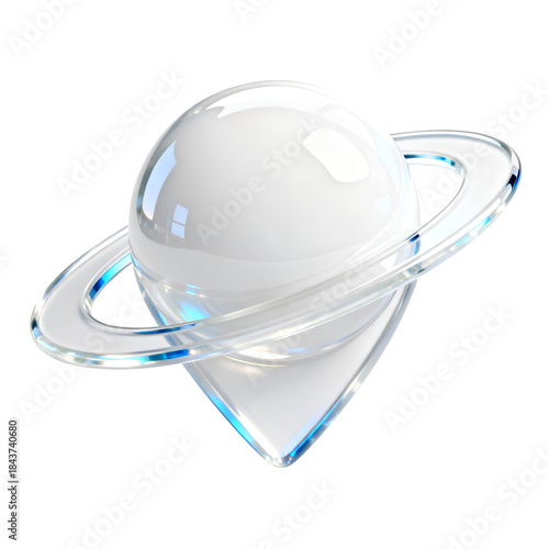 A glossy white planet with rings presented on a dark background