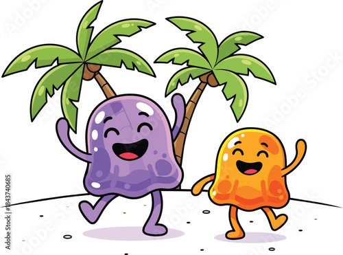 Two colorful cartoon blob characters dancing together.