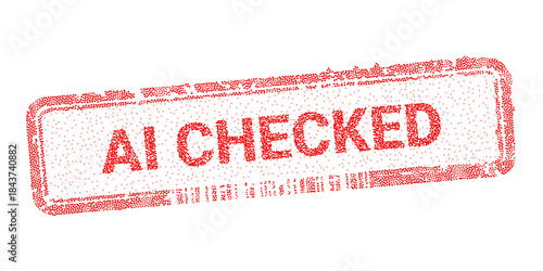 AI checked red rubber stamp vector illustration with grunge texture. Distressed watermark concept for artificial intelligence verification, validated content labeling and tech automated approval mark.