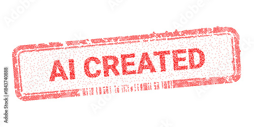 AI Created distress rubber stamp seal vector illustration. Red grunge texture watermark label for artificial intelligence generated content. Tech warning sign for digital art authenticity verification