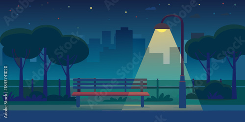 A peaceful nighttime park scene with a glowing street lamp and city skyline