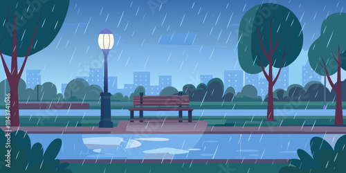 A rainy park scene with a street lamp bench and city skyline