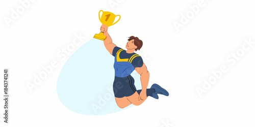 A victorious athlete celebrates with a golden trophy jumping for joy