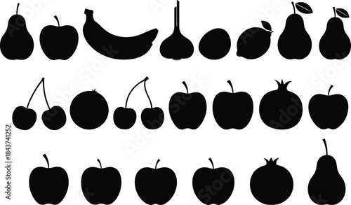 Fruit silhouette illustration set featuring apples pears bananas cherries and pomegranates, solid black healthy food vector icons for packaging and branding
