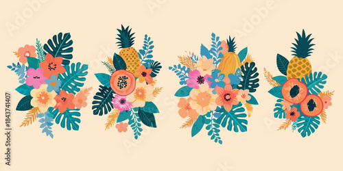 Tropical floral arrangements featuring pineapples monstera leaves and vibrant blooms