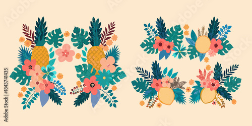 Tropical floral arrangements with pineapples and lush green leaves design elements