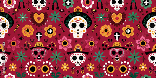Colorful day of the dead sugar skulls and floral pattern background