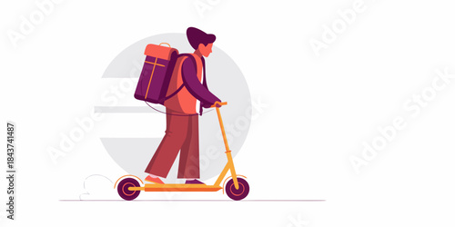 A young man commuting to work with a scooter and large backpack