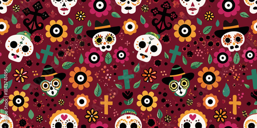 Colorful day of the dead sugar skulls and floral pattern background