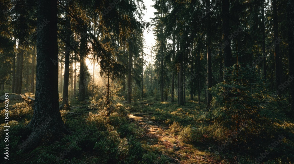 Fototapeta premium photography of the forest in golden hour, cinematic scene