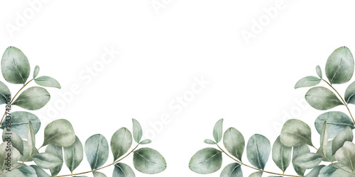 Watercolor illustration of a decorative frame made of eucalyptus branches, isolated on white background. Elegant botanical element perfect for wedding invitations, greeting cards, and floral design