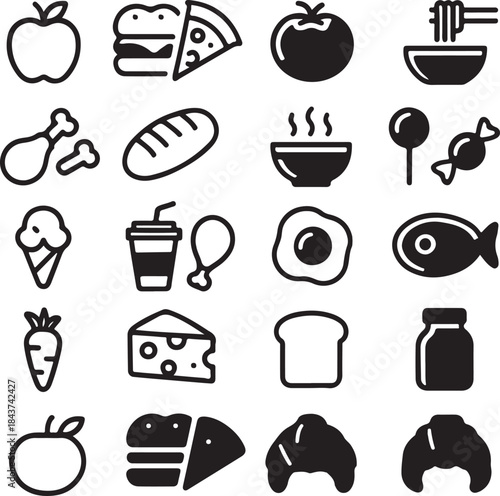Isolated Food Project Icon Set, Food Project Icons Collection, Food Service Symbols, Restaurant Business Icons, Black Vector Food Icons, Minimal Restaurant UI Icons, Food Outline And Solid Icons