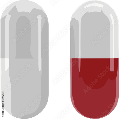 Capsule pill vector illustration featuring transparent and filled medicine capsules, pharmaceutical dosage concept, clean medical design elements for healthcare, pharmacy, and wellness graphics