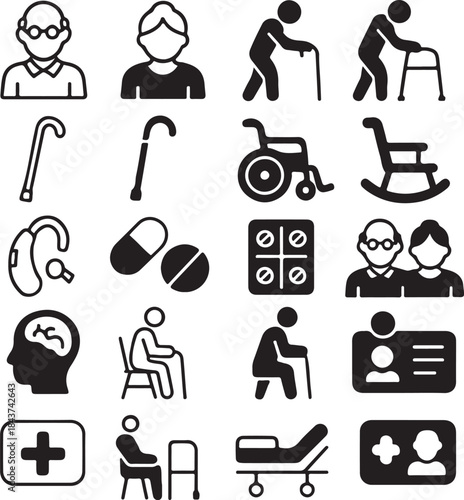 Isolated Elderly Icon Set, Elderly Care Icons Collection, Senior Support Symbols, Aging Health Icons, Black Vector Care Icons, Minimal Health UI Icons, Elderly Outline And Solid Icons