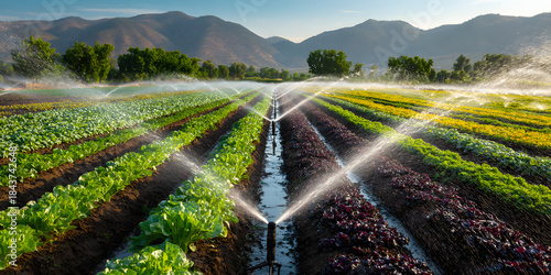 Vegetable crops sprayed by irrigation system modern agriculture overhead