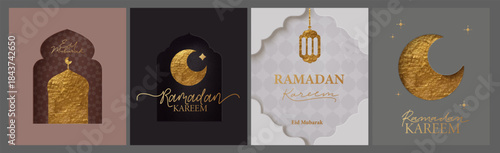 Islamic, oriental frame, silhouette. Geometric arab backgrounds. Ramadan Kareem concept. Mosque, moon, stars, ornaments, patterns, calligraphic sign. Paper cut style. Soft colors.
