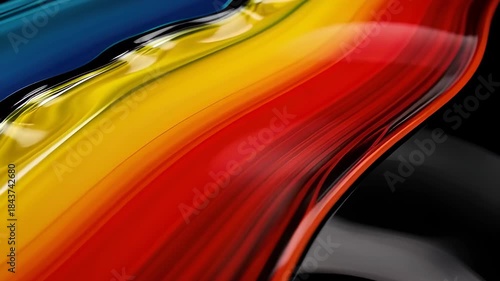 Abstract liquid simulation featuring glossy, undulating primary colors (red, yellow, blue) separating with a dark, reflective wavy line against a black backdrop.