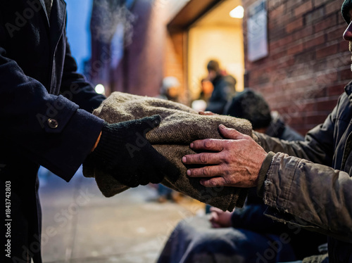 Volunteer giving warm blanket to homeless person close up cold weather protection shelter charity help comfort donation textile care usa social support poverty humanitarian aid kindness concept