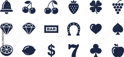Casino and lucky symbols icon set with fruits, diamonds, horseshoe, card suits, dollar sign, and classic gambling elements