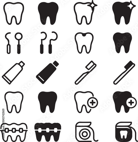 Isolated Dental Icon Set, Dental Icons Collection, Tooth Care Symbols, Oral Health Icons, Black Vector Dental Icons, Minimal Medical UI Icons, Dental Outline And Solid Icons, Clean Dental Design