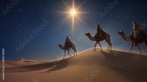 Three Wise Men riding camels across dark desert dunes following the glorious shining Star of Bethlehem toward the horizon on a spiritual journey