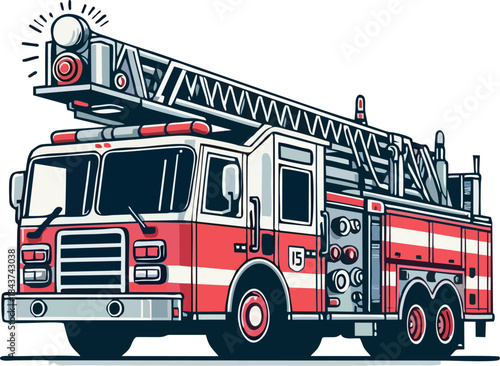 Fire Truck with Ladder Front View Detailed Vector Illustration