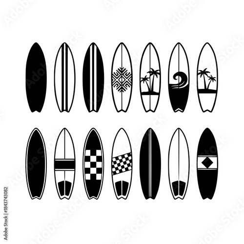 Row of Surfboards with Diverse Graphic Patterns