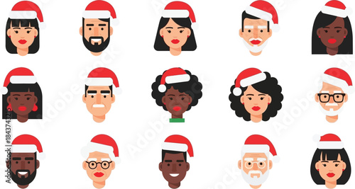Diverse People Wearing Festive Santa Hats Celebrating Winter Holidays Together
