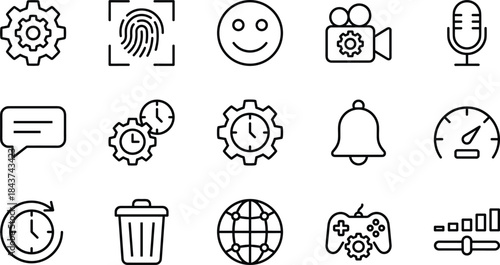 Application Settings and User Interface Line Icons Set: Gear, Controls, Media, Security, Feedback, and Utility Symbols for Digital Design Vector Collection
