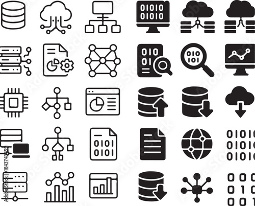 Isolated Big Data Icon Set, Big Data Icons Collection, Data Analytics Symbols, Data Processing Icons, Black Vector Data Icons, Minimal Data UI Icons, Data Outline And Solid Icons, Clean Modern Data